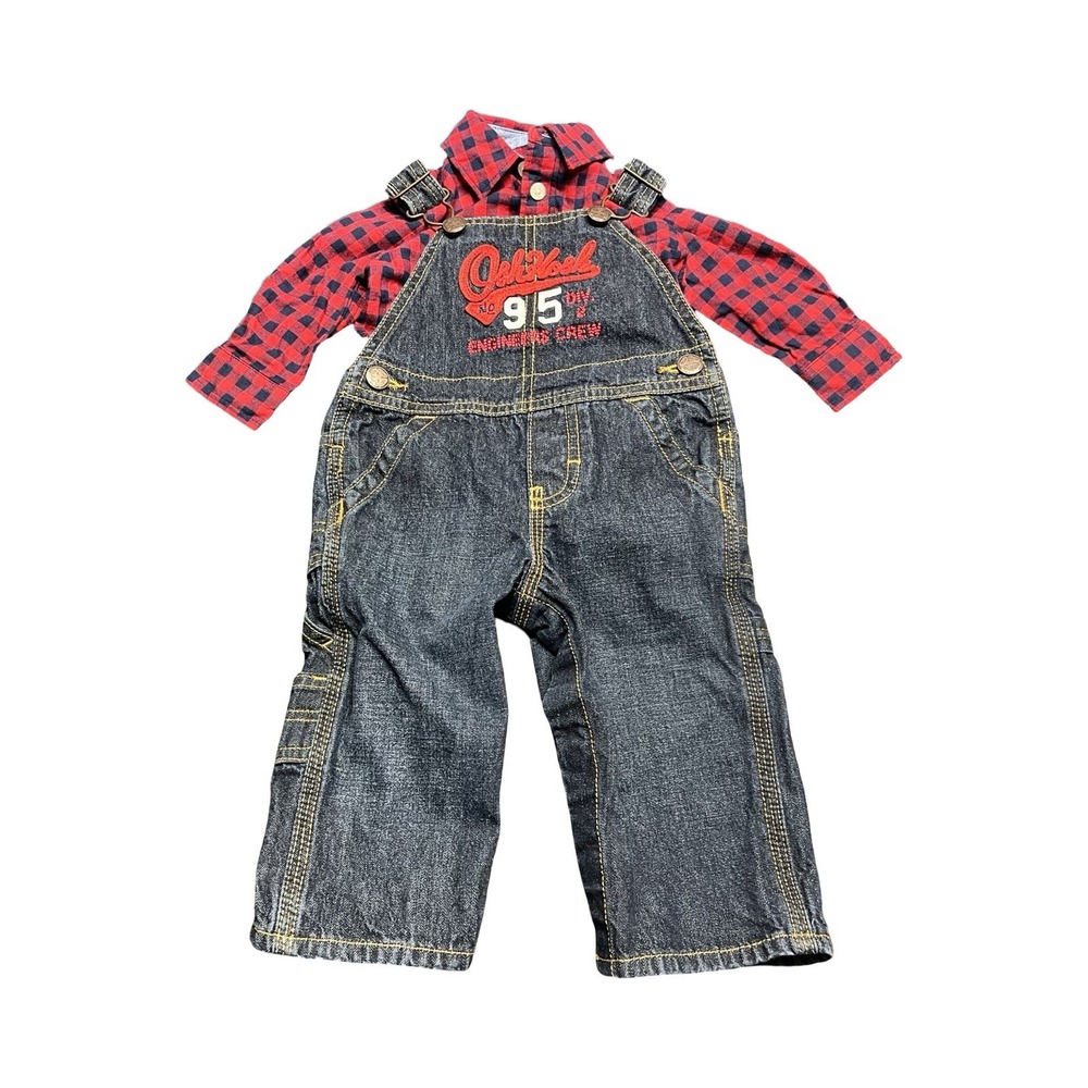 OshKosh Bgosh Boys 9M Red Plaid Bodysuit and‎ Denim Overalls Set Engineer Crew